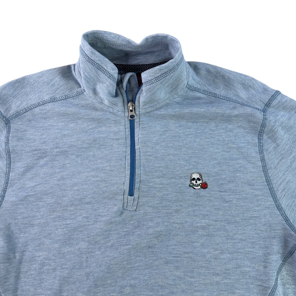 Robert Graham Pullover Men Medium Blue 1/4 Zip Skull Rose Embroidery Classic Fit